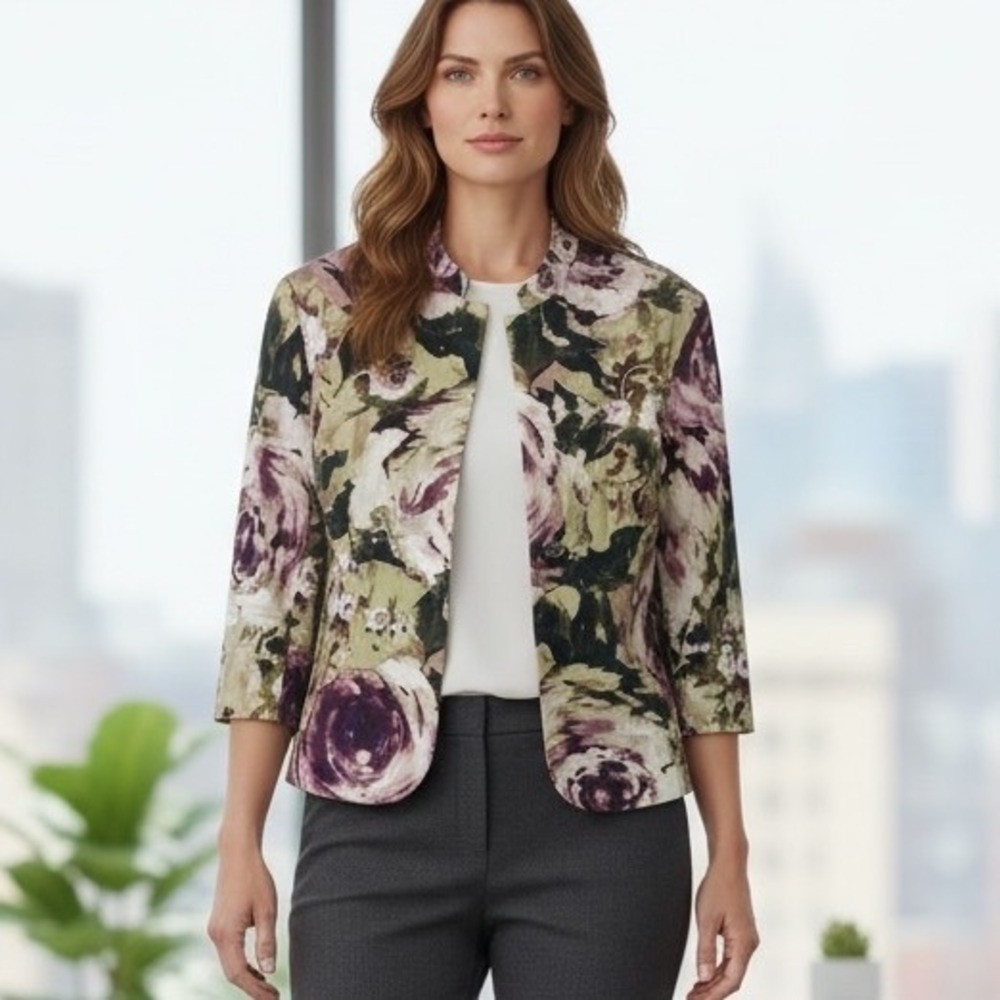 Coldwater Creek Floral Open Front Blazer Jacket Career Artistic Painterly Boho M